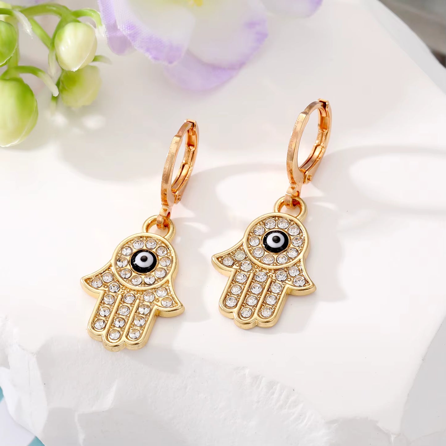 Hamsa & Evil Eye Earrings – European Style with Embedded Crystals