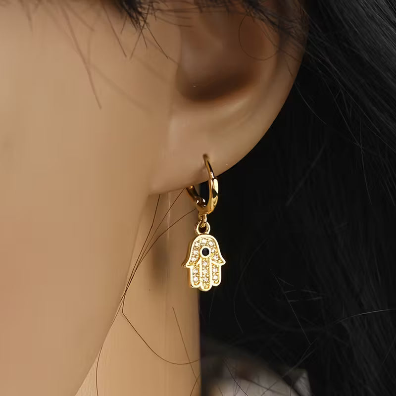 Hamsa & Evil Eye Earrings – European Style with Embedded Crystals