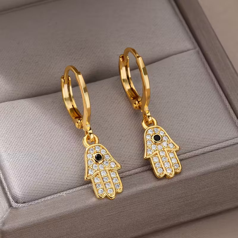 Hamsa & Evil Eye Earrings – European Style with Embedded Crystals