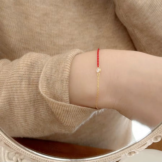 Women's Red String Lucky Bracelet with Single Diamond Zirconia Accent