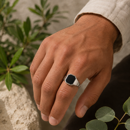 Black Agate Stainless Steel Men’s Signet Ring – Protection, Balance & Inner Strength