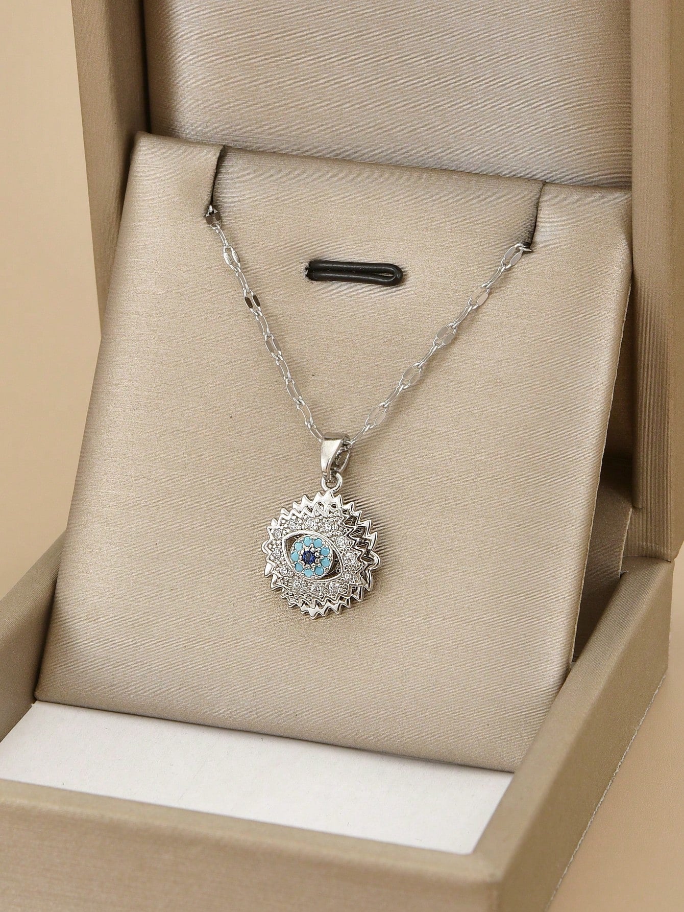 Luxurious Cubic Zirconia Rotating Blue Evil Eye Necklace – Silver Stainless Steel Jewelry