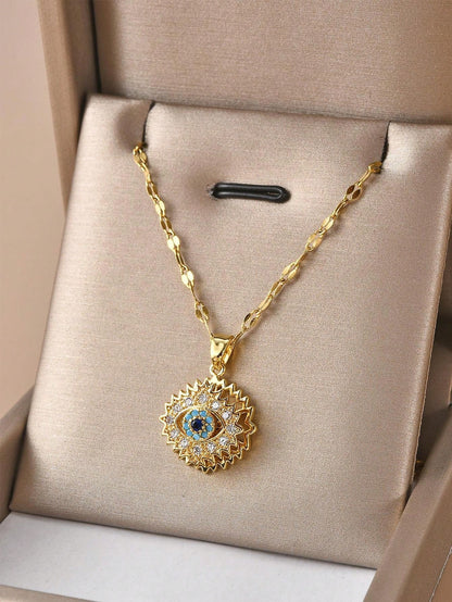 Luxurious Cubic Zirconia Rotating Blue Evil Eye Necklace – Silver Stainless Steel Jewelry