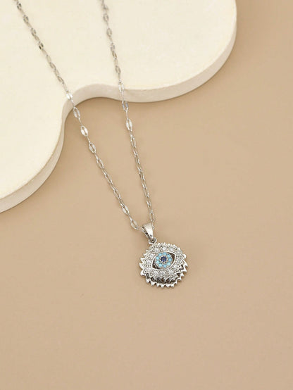 Luxurious Cubic Zirconia Rotating Blue Evil Eye Necklace – Silver Stainless Steel Jewelry