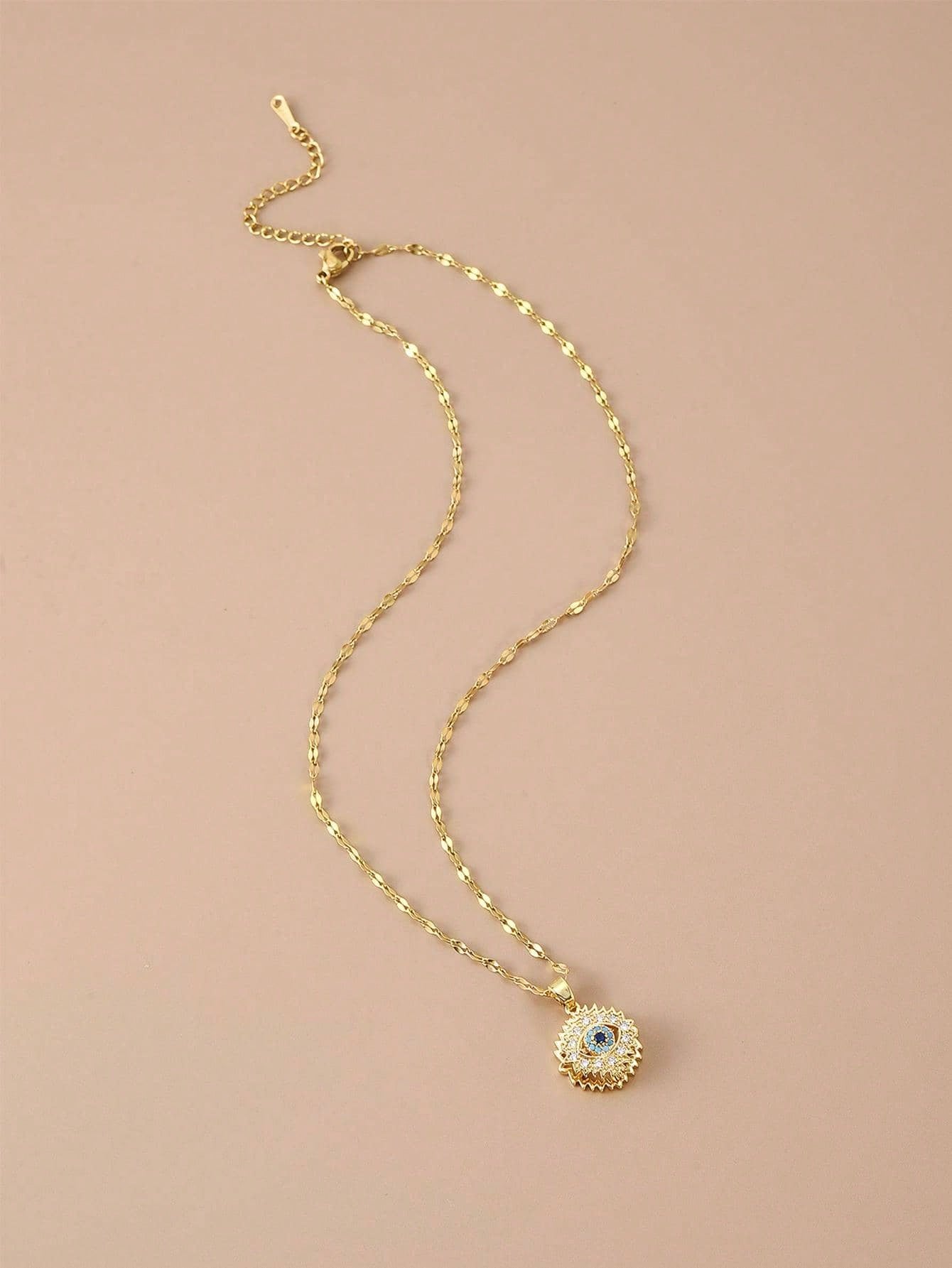 Luxurious Cubic Zirconia Rotating Blue Evil Eye Necklace – Silver Stainless Steel Jewelry