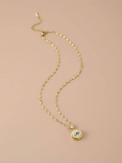 Luxurious Cubic Zirconia Rotating Blue Evil Eye Necklace – Silver Stainless Steel Jewelry