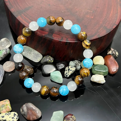 Natural Tiger Eye, Sea Blue Gem & White Crystal Bracelet – Elegant Wealth & Prosperity Jewelry