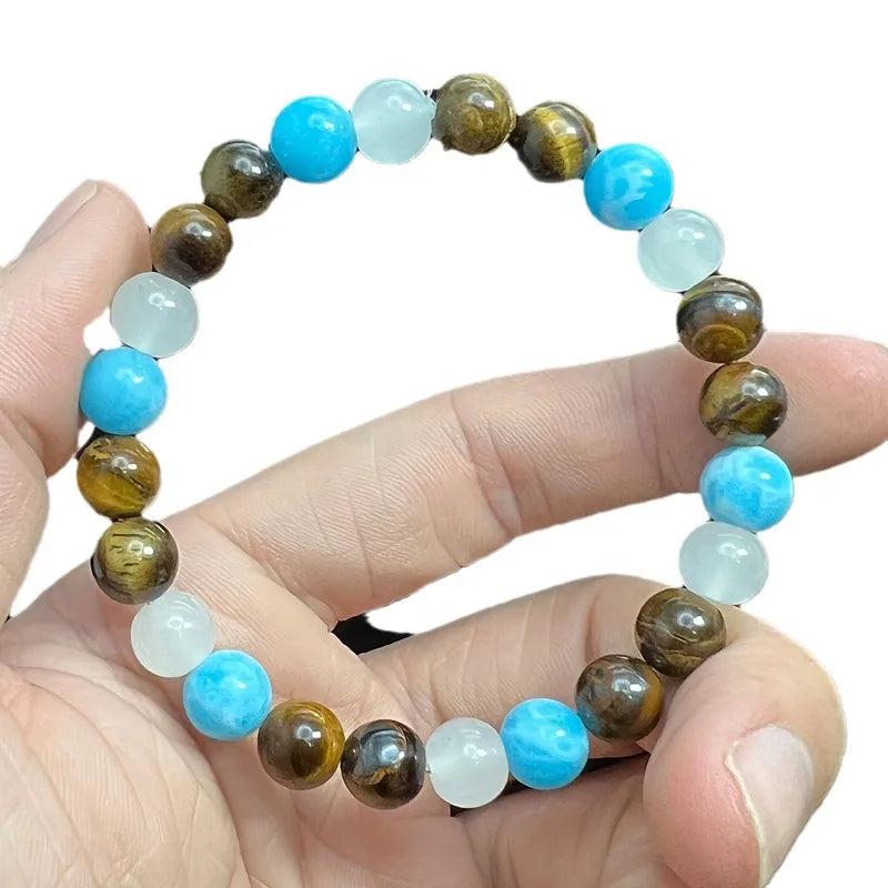 Natural Tiger Eye, Sea Blue Gem & White Crystal Bracelet – Elegant Wealth & Prosperity Jewelry