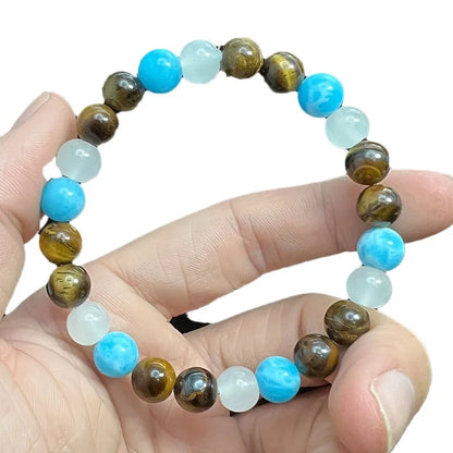 Natural Tiger Eye, Sea Blue Gem & White Crystal Bracelet – Elegant Wealth & Prosperity Jewelry