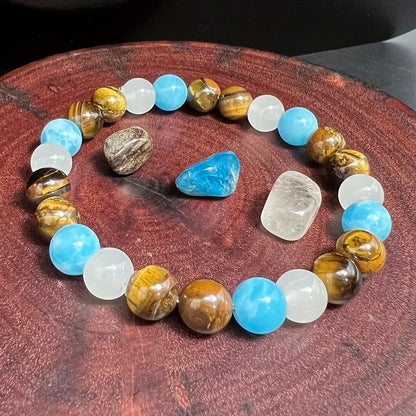 Natural Tiger Eye, Sea Blue Gem & White Crystal Bracelet – Elegant Wealth & Prosperity Jewelry