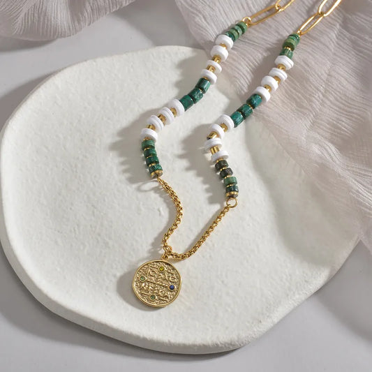 14K Gold-Plated Stainless Steel Necklace with Obsidian, Hematite, Soft Clay Inlay & Byzantine Cross Pendant