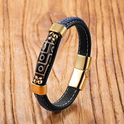 Tibetan Nine-Eyed Agate Leather Bracelet - Men