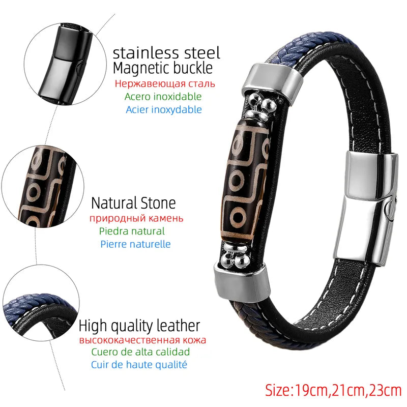 Tibetan Nine-Eyed Agate Leather Bracelet - Men