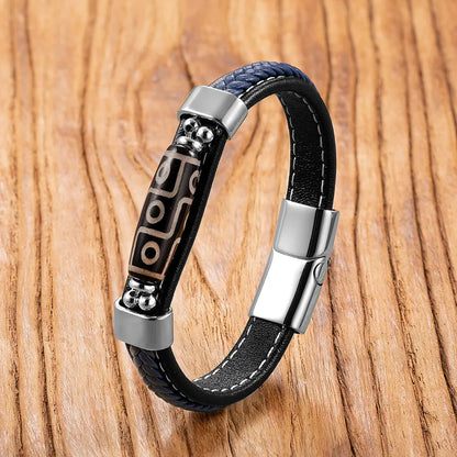 Tibetan Nine-Eyed Agate Leather Bracelet - Men