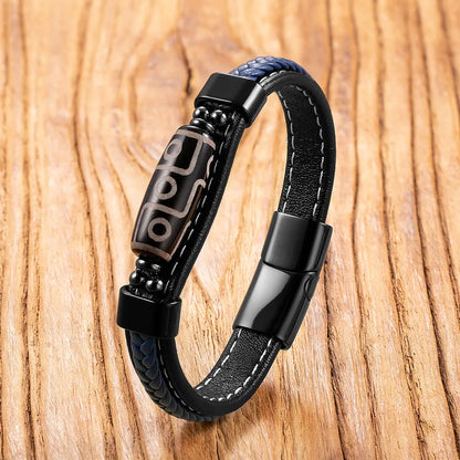 Tibetan Nine-Eyed Agate Leather Bracelet - Men