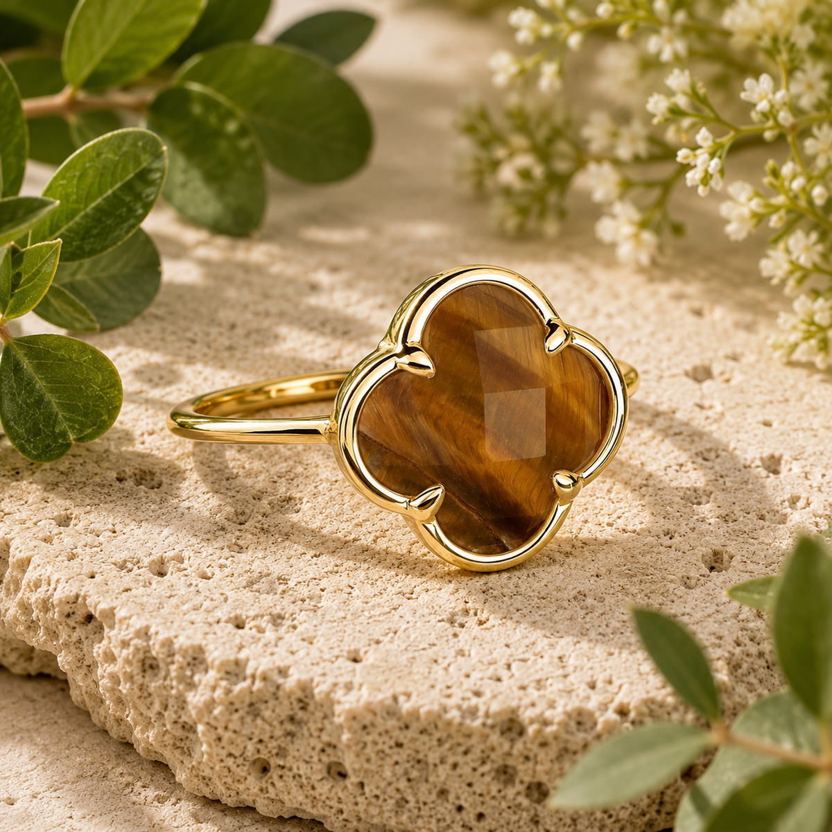 Tiger’s Eye Clover 925 Sterling Silver Gold-Plated Ring – Courage, Confidence & Protection