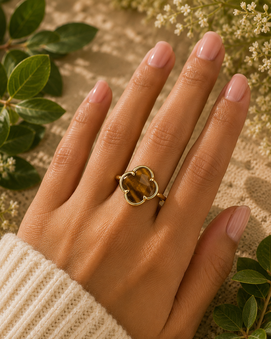 Tiger’s Eye Clover 925 Sterling Silver Gold-Plated Ring – Courage, Confidence & Protection