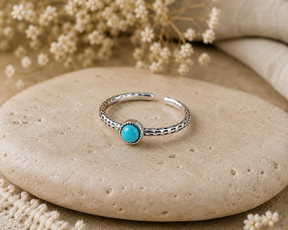 Natural Turquoise 925 Sterling Silver Adjustable Open Ring – Protection, Healing & Positive Energy