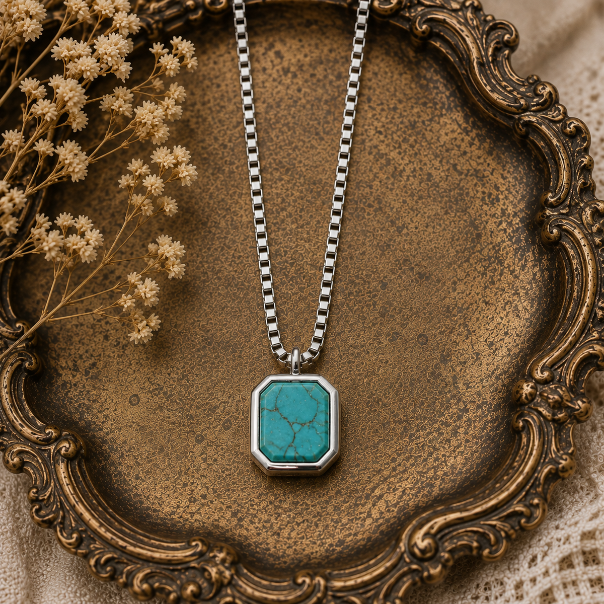 Women’s Natural Stone Square Geometric Pendant Necklace – Lapis Lazuli, Turquoise, Tiger Eye & Black Agate | Stainless Steel Titanium Venetian Chain