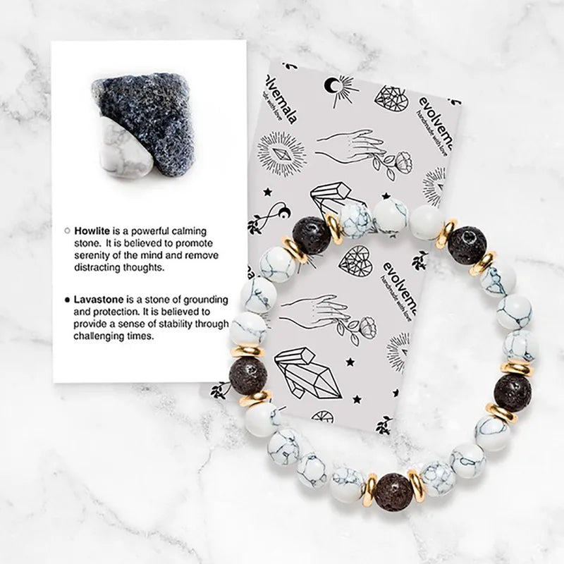 White Turquoise and Volcanic Rock Unisex Bracelet for Emotional Strength and Resilience